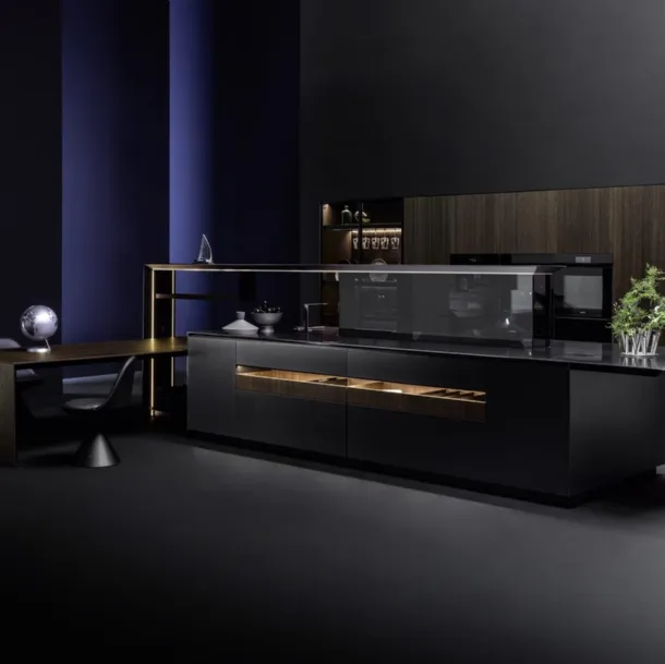 Cucina Design lineare Nautila 01 in laccato Texture 3d sand nero con top in acciaio inox di Arrital