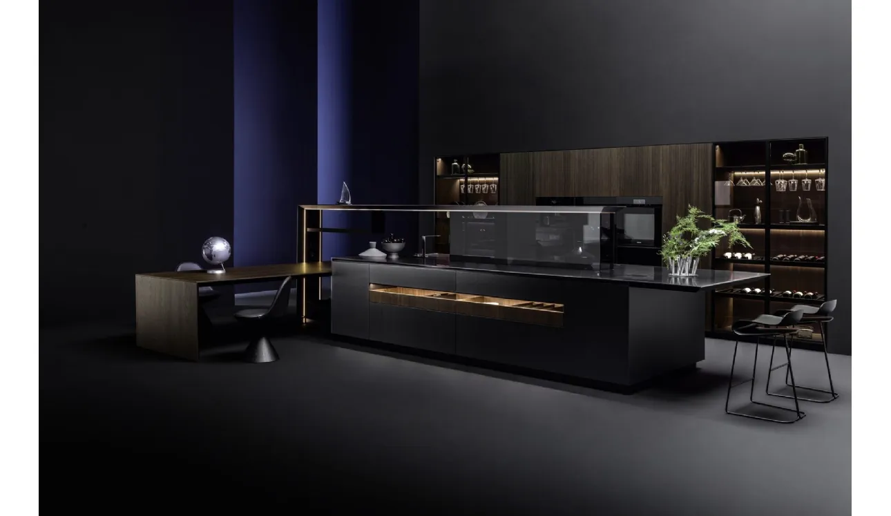 Cucina Design lineare Nautila 01 in laccato Texture 3d sand nero con top in acciaio inox di Arrital