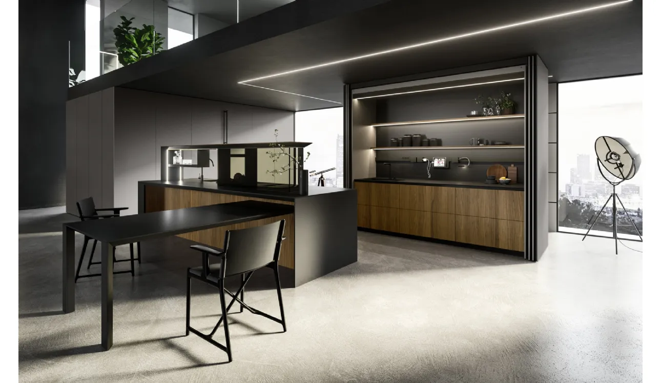 Cucina Design con isola Nautila 04 in Noce Canaletto con top in gres nero natural di Arrital