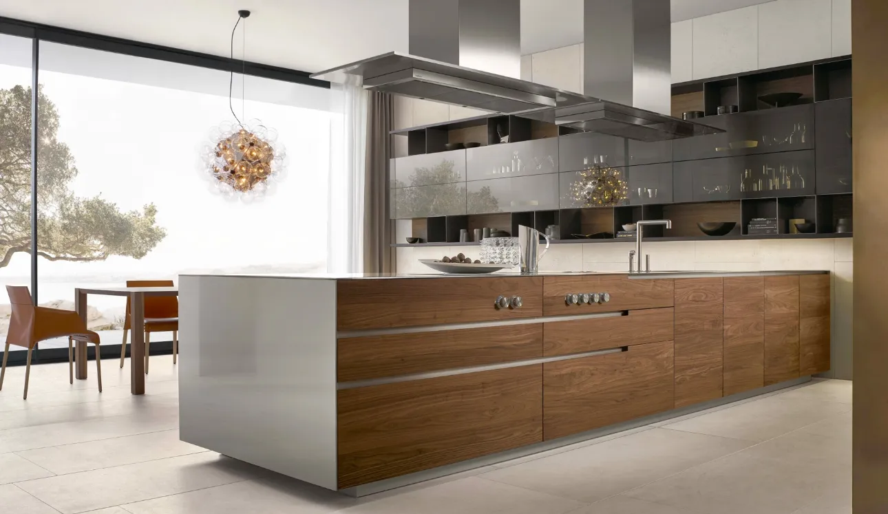 Cucina Design lineare Phoenix 02 in massello noce canaletto e top in acciaio di Poliform