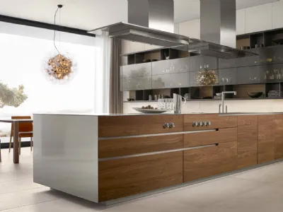 Cucina Design lineare Phoenix 02 in massello noce canaletto e top in acciaio di Poliform