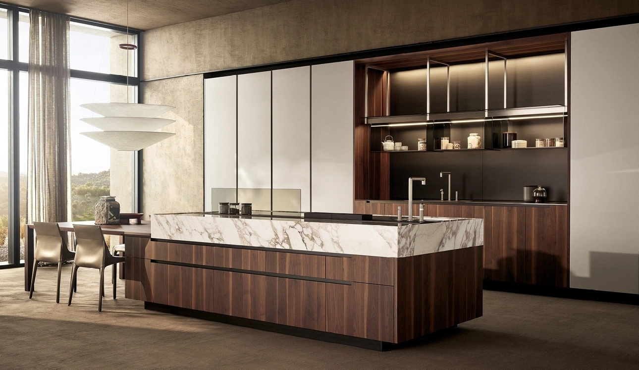 Cucina Design Phoenix in Noce, Marmo e laccato goffrato Ghiaccio di Poliform