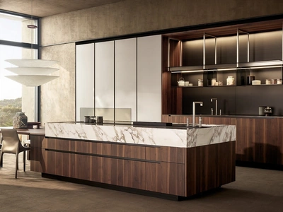 Cucina Design Phoenix in Noce, Marmo e laccato goffrato Ghiaccio di Poliform