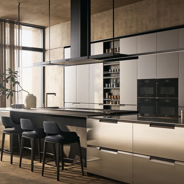 Cucina Design in laccato con isola in acciaio Shape di Poliform