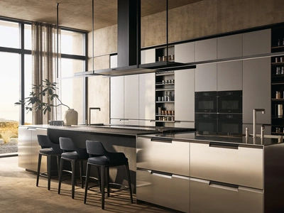 Cucina Design in laccato con isola in acciaio Shape di Poliform